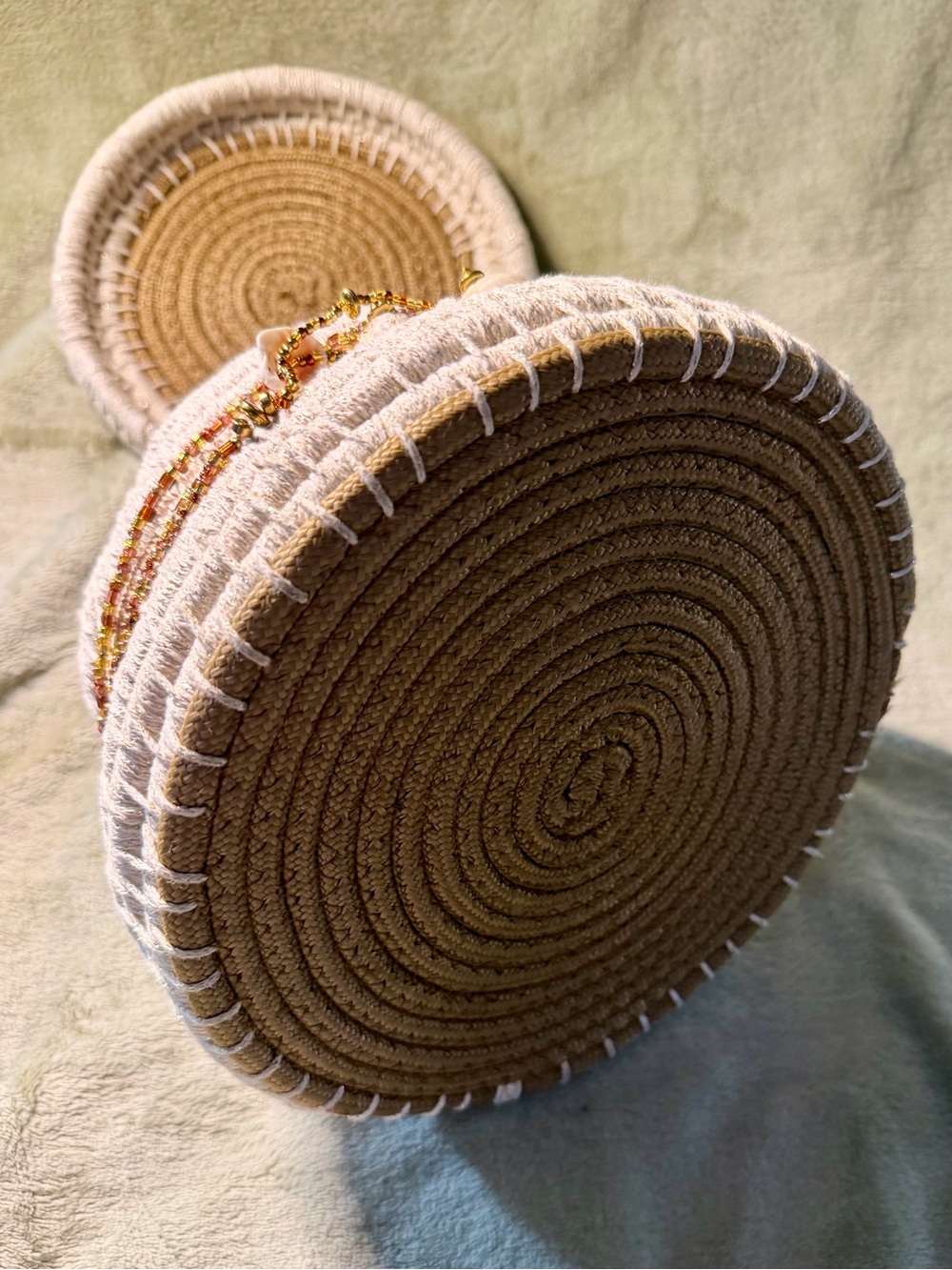 Handmade Art Coiled Basket  with Lid and embellishments of beading and shells - Picture 11 of 15